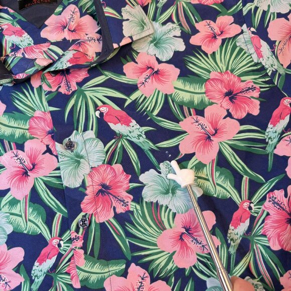 Men's Hawaiian Floral Button-Up Shirt – Navy with Parrots & Hibiscus | Size XL - Picture 5 of 7